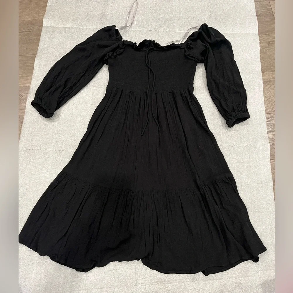 [S]In Loom WMN 3/4 Sleeve Square Neck Smocked Mid Dress Cute A Line Swing Beach - Picture 3 of 11
